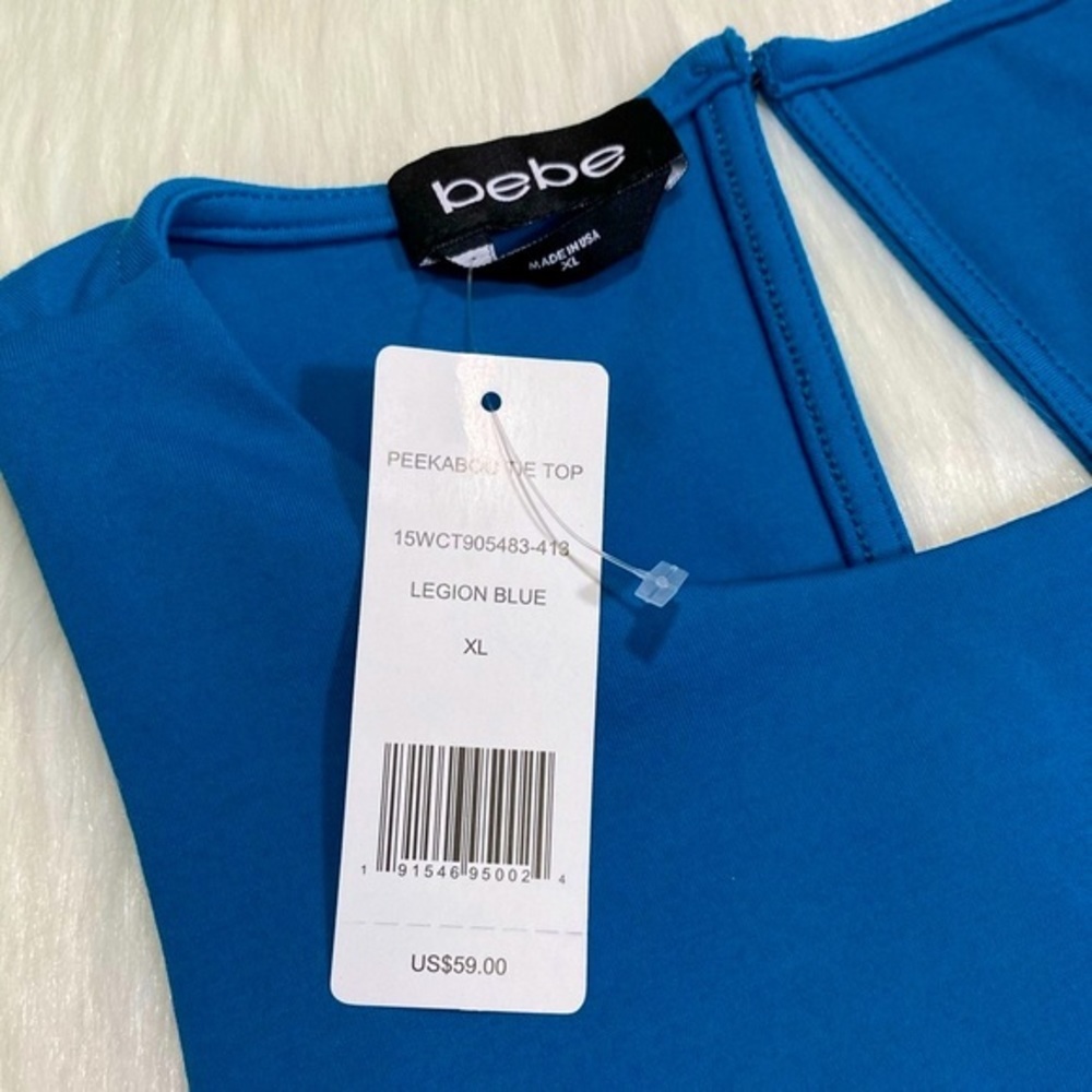 NWT Bebe Front Tie Blouse Cropped Stretch Top Sleeveless Festival Crop Tank Blue - Picture 6 of 9
